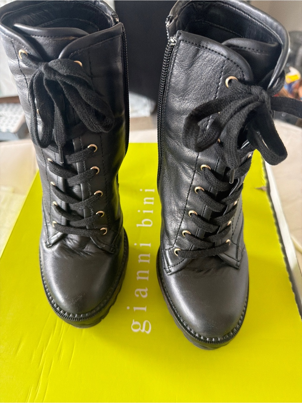 Gianni Bini Black Lace-Up Combat Boots with Side Zip